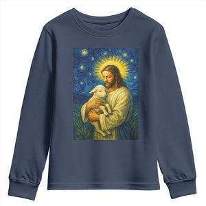 Jesus Christian Youth Sweatshirt Hug Lamb Starry Night Van Gogh TS14 Navy Print Your Wear