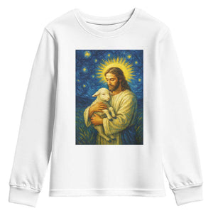 Jesus Christian Youth Sweatshirt Hug Lamb Starry Night Van Gogh TS14 White Print Your Wear