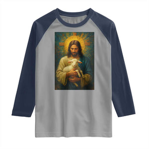 Jesus Christian Raglan Shirt Hug Lamb Faith Easter TS14 Sport Gray Navy Print Your Wear