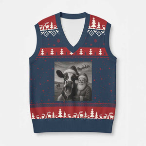 Funny Santa Selfie with Cow Xmas V-Neck Knit Sweater Vest TS14 Navy Red Print Your Wear