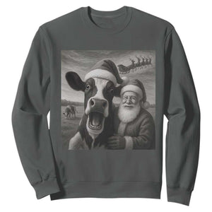 Funny Santa Selfie with Cow Christmas Sweatshirt TS14 Dark Heather Print Your Wear
