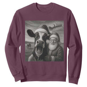 Funny Santa Selfie with Cow Christmas Sweatshirt TS14 Maroon Print Your Wear