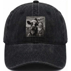Funny Santa Selfie with Cow Christmas Washed Cotton Baseball Cap TS14 Washed Cap Universal Fit Black Print Your Wear