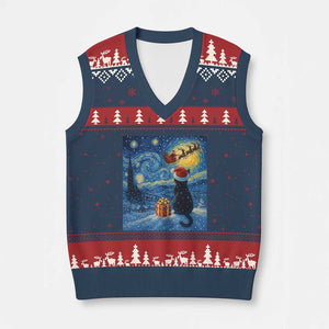 Cat Starry Night Xmas V-Neck Knit Sweater Vest Van Gogh Cat Lover Xmas TS14 Navy Red Print Your Wear