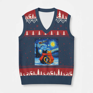 Funny Couples Xmas V-Neck Knit Sweater Vest Cats Lover Starry Night TS14 Navy Red Print Your Wear