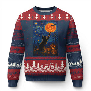 Black Cat Halloween Ugly Christmas Sweater Starry Night Van Gogh TS14 Navy Red Print Your Wear