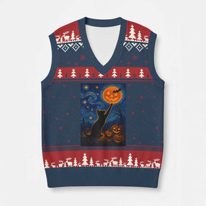 Black Cat Halloween V-Neck Knit Sweater Vest Starry Night Van Gogh TS14 Navy Red Print Your Wear