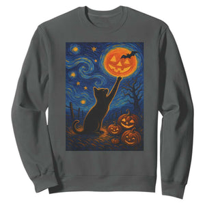 Black Cat Halloween Sweatshirt Starry Night Van Gogh TS14 Dark Heather Print Your Wear