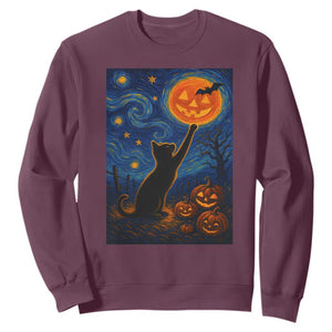 Black Cat Halloween Sweatshirt Starry Night Van Gogh TS14 Maroon Print Your Wear