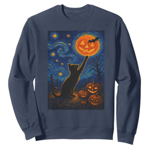 Black Cat Halloween Sweatshirt Starry Night Van Gogh TS14 Navy Print Your Wear