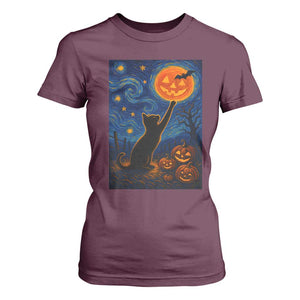 Black Cat Halloween T Shirt For Women Starry Night Van Gogh TS14 Maroon Print Your Wear