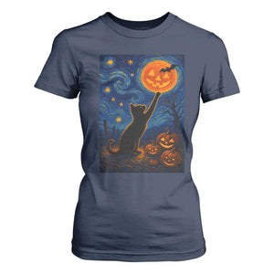 Black Cat Halloween T Shirt For Women Starry Night Van Gogh TS14 Navy Print Your Wear