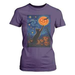 Black Cat Halloween T Shirt For Women Starry Night Van Gogh TS14 Purple Print Your Wear
