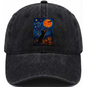 Black Cat Halloween Washed Cotton Baseball Cap Starry Night Van Gogh TS14 Washed Cap Universal Fit Black Print Your Wear