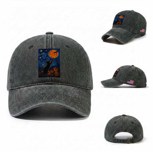 Black Cat Halloween Washed Cotton Baseball Cap Starry Night Van Gogh TS14 Washed Cap Universal Fit Dark Green Print Your Wear