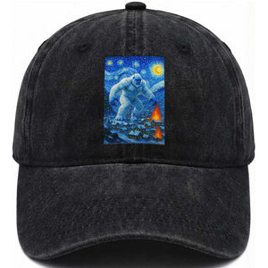 Yeti Cryptid Christmas Washed Cotton Baseball Cap Winter Monster Starry Night Xmas TS14 Washed Cap Universal Fit Black Print Your Wear