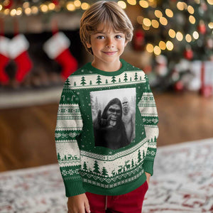 Bigfoot Selfie Xmas Ugly Christmas Sweater Sasquatch Yeti Rock On Hand TS14 Forest Green Beige Print Your Wear