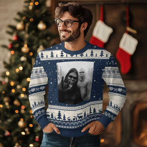 Bigfoot Selfie Xmas Ugly Christmas Sweater Sasquatch Yeti Rock On Hand TS14 Navy Beige Print Your Wear