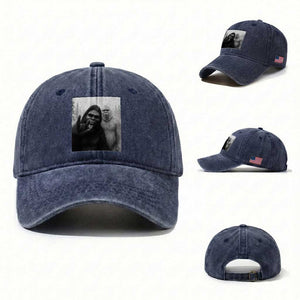 Bigfoot Selfie Christmas Washed Cotton Baseball Cap Sasquatch Yeti Rock On Hand TS14 Washed Cap Universal Fit Navy Print Your Wear