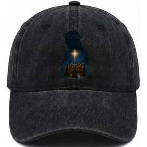 Jesus Christian Christmas Washed Cotton Baseball Cap Christian Saints Praying Under The Star of Bethlehem TS14 Washed Cap Universal Fit Black Print Your Wear