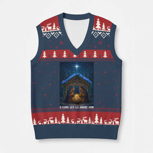 Nativity Scene Xmas V-Neck Knit Sweater Vest O Come Let Us Adrove Him TS14 Navy Red Print Your Wear