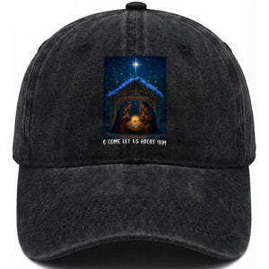 Nativity Scene Christmas Washed Cotton Baseball Cap O Come Let Us Adrove Him TS14 Washed Cap Universal Fit Black Print Your Wear