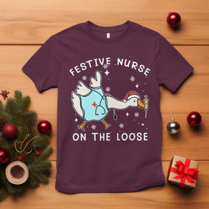 Funny ER Nurse Goose Christmas T Shirt Festive Nurses On The Loose TS14 Maroon Print Your Wear