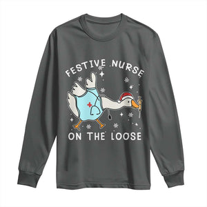 Funny ER Nurse Goose Christmas Long Sleeve Shirt Festive Nurses On The Loose TS14 Dark Heather Print Your Wear