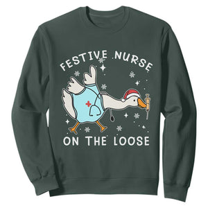 Funny ER Nurse Goose Christmas Sweatshirt Festive Nurses On The Loose TS14 Dark Forest Green Print Your Wear