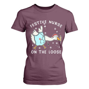 Funny ER Nurse Goose Christmas T Shirt For Women Festive Nurses On The Loose TS14 Maroon Print Your Wear