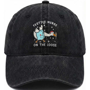 Funny ER Nurse Goose Christmas Washed Cotton Baseball Cap Festive Nurses On The Loose TS14 Washed Cap Universal Fit Black Print Your Wear