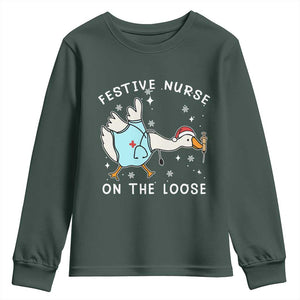 Funny ER Nurse Goose Christmas Youth Sweatshirt Festive Nurses On The Loose TS14 Dark Forest Green Print Your Wear