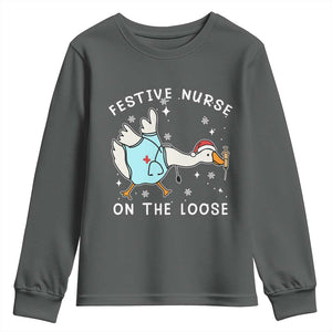 Funny ER Nurse Goose Christmas Youth Sweatshirt Festive Nurses On The Loose TS14 Dark Heather Print Your Wear