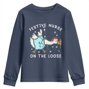 Funny ER Nurse Goose Christmas Youth Sweatshirt Festive Nurses On The Loose TS14 Navy Print Your Wear