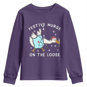 Funny ER Nurse Goose Christmas Youth Sweatshirt Festive Nurses On The Loose TS14 Purple Print Your Wear