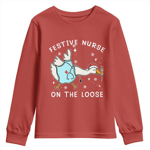 Funny ER Nurse Goose Christmas Youth Sweatshirt Festive Nurses On The Loose TS14 Red Print Your Wear