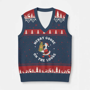 Festive Goose on The Loose V-Neck Knit Sweater Vest Funny Goose Xmas Meme TS14 Navy Red Print Your Wear