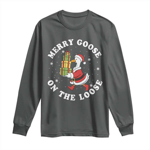 Festive Goose on The Loose Long Sleeve Shirt Funny Goose Christmas Meme TS14 Dark Heather Print Your Wear