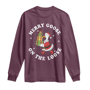 Festive Goose on The Loose Long Sleeve Shirt Funny Goose Christmas Meme TS14 Maroon Print Your Wear