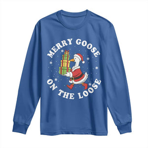 Festive Goose on The Loose Long Sleeve Shirt Funny Goose Christmas Meme TS14 Royal Blue Print Your Wear