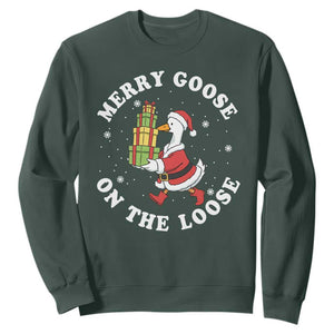 Festive Goose on The Loose Sweatshirt Funny Goose Christmas Meme TS14 Dark Forest Green Print Your Wear