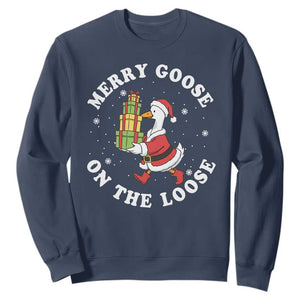 Festive Goose on The Loose Sweatshirt Funny Goose Christmas Meme TS14 Navy Print Your Wear