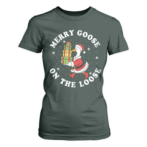 Festive Goose on The Loose T Shirt For Women Funny Goose Christmas Meme TS14 Dark Forest Green Print Your Wear