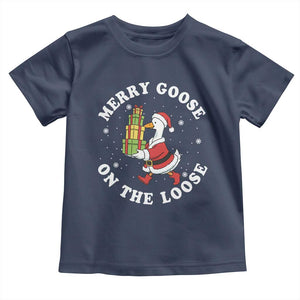 Festive Goose on The Loose Toddler T Shirt Funny Goose Christmas Meme TS14 Navy Print Your Wear