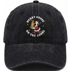 Festive Goose on The Loose Washed Cotton Baseball Cap Funny Goose Christmas Meme TS14 Washed Cap Universal Fit Black Print Your Wear