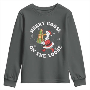 Festive Goose on The Loose Youth Sweatshirt Funny Goose Christmas Meme TS14 Dark Heather Print Your Wear