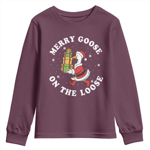 Festive Goose on The Loose Youth Sweatshirt Funny Goose Christmas Meme TS14 Maroon Print Your Wear