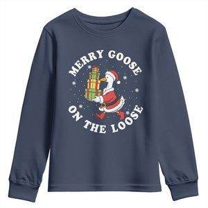 Festive Goose on The Loose Youth Sweatshirt Funny Goose Christmas Meme TS14 Navy Print Your Wear