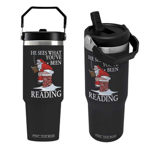 Funny Bookish Christmas Flip Straw Tumbler He Sees What You Have Been Reading - Print Your Wear