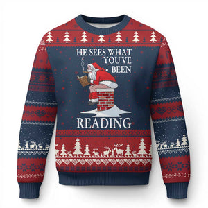 Funny Bookish Xmas Ugly Christmas Sweater He Sees What You Have Been Reading TS14 Navy Red Print Your Wear
